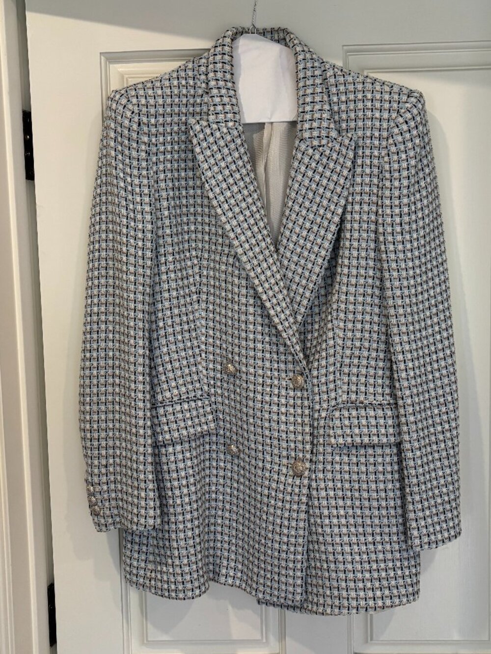 Zara Blue Tweed Double-Breasted Blazer with Silver Buttons